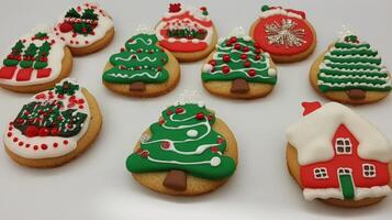 Festive Christmas cookies, decorated with icing and candies. photo