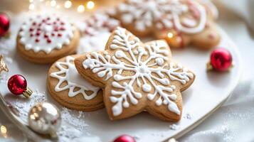 Festive decorated gingerbread cookies on a plate. photo
