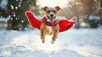 Joyful dog leaping through snowy landscape, wearing a red cape. photo