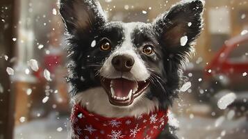 A joyful border collie in a festive winter scene. photo