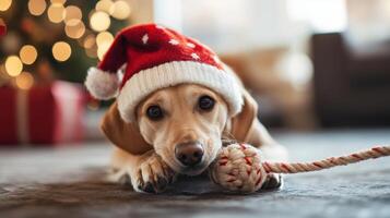 Festive dog with holiday hat near a Christmas tree. photo