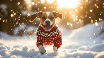 Playful dog in a festive sweater running through snowy landscape. photo