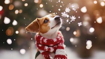 Cute dog in winter snowfall, wearing a festive scarf. photo