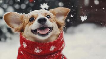 Playful dog in snowy winter scene wearing a festive scarf. photo