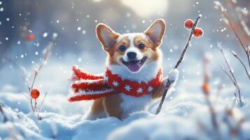 Playful dog in winter wonderland with festive scarf. photo