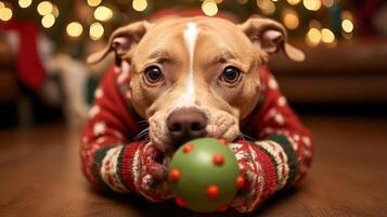 Festive dog lying on floor with holiday toy. photo