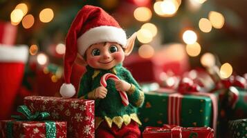 Festive figurine of a christmas elf surrounded by presents. photo