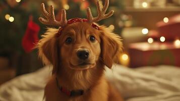 Festive golden retriever puppy wearing reindeer antlers. photo