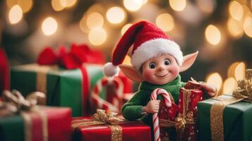Festive elf figure amidst wrapped holiday presents. photo