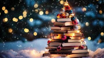 Festive book Christmas tree illuminated by warm lights. photo