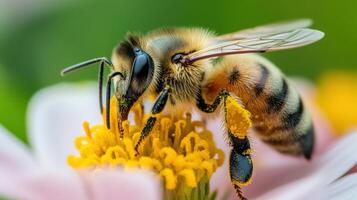 Close-up view of a honeybee on a flower. photo