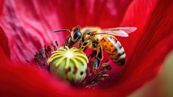 Close-up view of a honeybee on a vibrant red poppy. photo