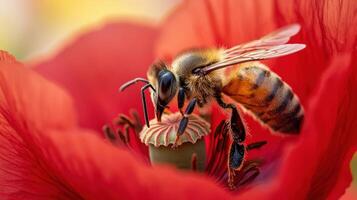 Close-up of a bee collecting pollen from a vibrant poppy flower. photo