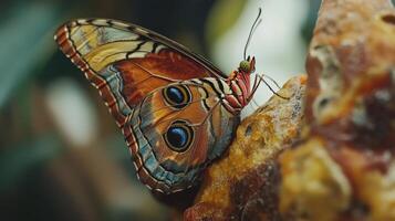 Close-up view of a beautiful butterfly on a textured surface. photo