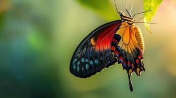 Vibrant butterfly resting on a leaf in soft sunlight. photo