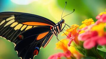 Vibrant butterfly feeding on colorful flowers in close-up view. photo