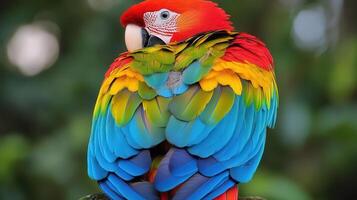 Two vibrant macaws, close-up, showcasing colorful plumage. photo