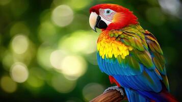 Vibrant parrot perched in lush, green surroundings. photo