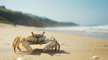 Close-up of a crab on a sandy beach at the shoreline. photo