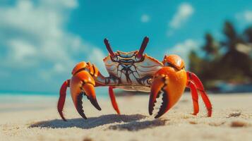 Vibrant crab on a tropical beach shore. photo