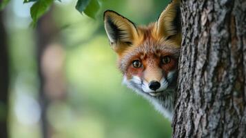 Curious red fox peeking from behind a tree trunk. photo