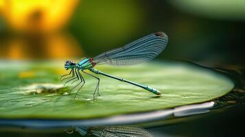 Vibrant dragonfly resting on a tranquil water lily pad. photo