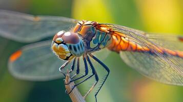 Close-up view of a vibrant dragonfly with intricate patterns. photo