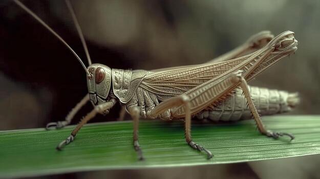 A grasshopper is sitting on a leaf photo