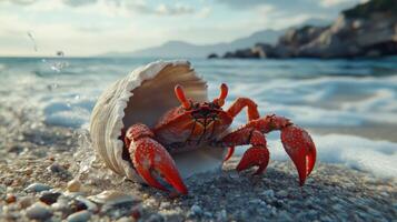Coastal crab nestled within a seashell. photo