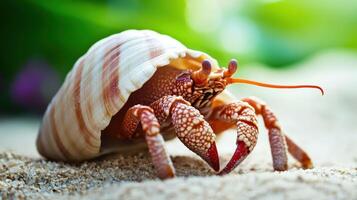 Close-up view of a hermit crab in its shell on sand. photo
