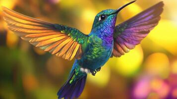 A colorful hummingbird flying in the air photo