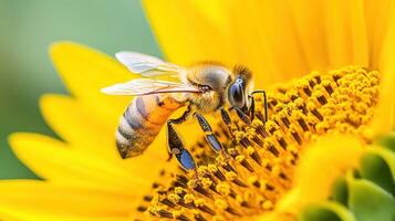 Close-up view of a honeybee on a sunflower bloom. photo