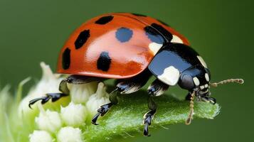 Close-up view of a ladybug on a small plant. photo