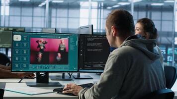 Engineer in server hub making AI software turning text prompt into photos. Technician in data center building text to image artificial intelligence generator transforming words into pictures, camera A photo