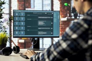 Conversational AI bot used to provide help for company customer sitting at home. Person chatting with LLM powered chatbot helping businesses looking to automate clients interactions photo