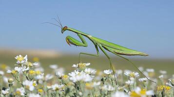 A green praying mantis perched on white flowers. photo