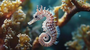 Close-up of a miniature seahorse among coral branches. photo