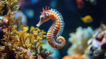 Close-up view of a seahorse amongst vibrant coral. photo