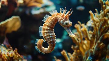 Close-up view of a fascinating seahorse amidst coral reef. photo