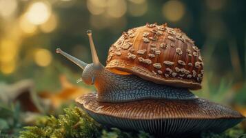 Close-up view of a snail on a forest floor. photo