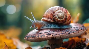 Close-up of a snail on a forest mushroom. photo