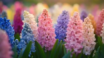 Vibrant hyacinth blossoms in a colorful garden display. photo