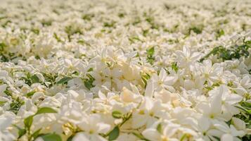 A field of dense, white flowers, bathed in sunlight. photo