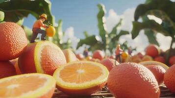 Miniature figures work amidst a vibrant citrus harvest. photo
