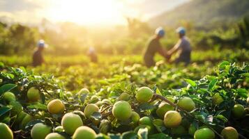 Lush orchard scene with workers harvesting fruits. photo