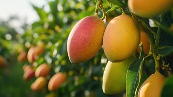 Close-up view of ripe mangos hanging from branches. photo