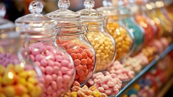 Colorful candies in glass jars on display. photo
