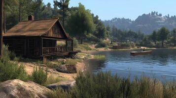 Rustic cabin by a serene lake nestled in a wooded landscape. photo