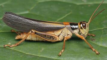 Close-up of a grasshopper perched on a leaf. photo