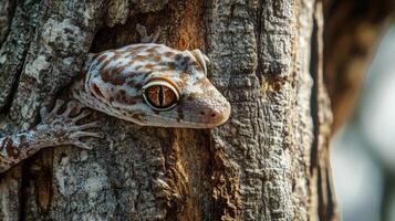 Close-up of a gecko clinging to rough bark. photo